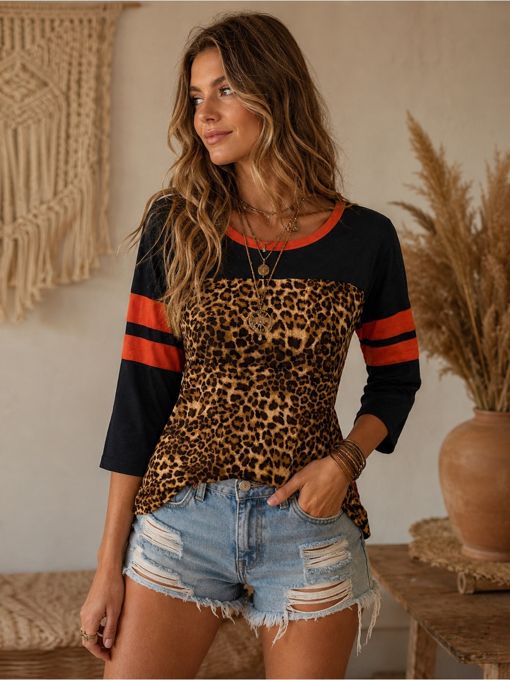 Wishful Park Black Leopard Print Raglan Top with Orange Trim
